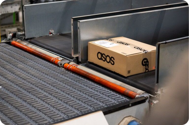 A package on a conveyor belt in an ASOS warehouse