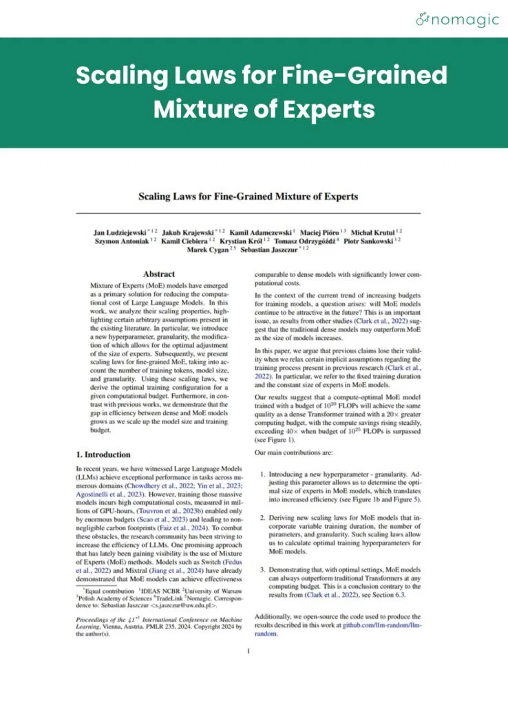 research covers scaling laws for fine grained mixture of experts